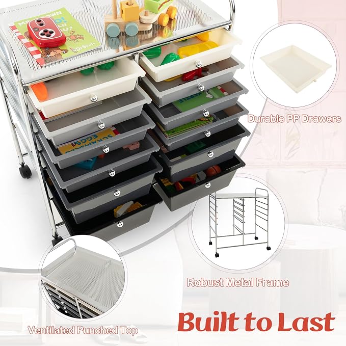 Moccha 12-Drawer Rolling Storage Cart - Utility Cart on Wheels with Lockable Casters for Craft Art Supply Paper Salon, Mobile Drawer Carts for Classroom Teacher School Office (Gradient Grey) - Image 6