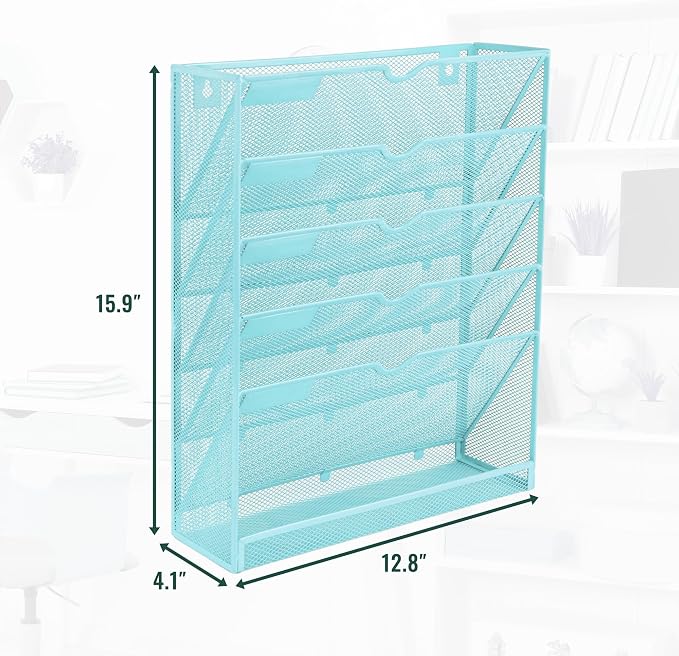 6 Tier Mesh Hanging Wall File Organizer, Desk Vertical Mail Paper Document Folder Holder Rack with Bottom Tray and Nametag Label for Office Home School, Blue - Image 2