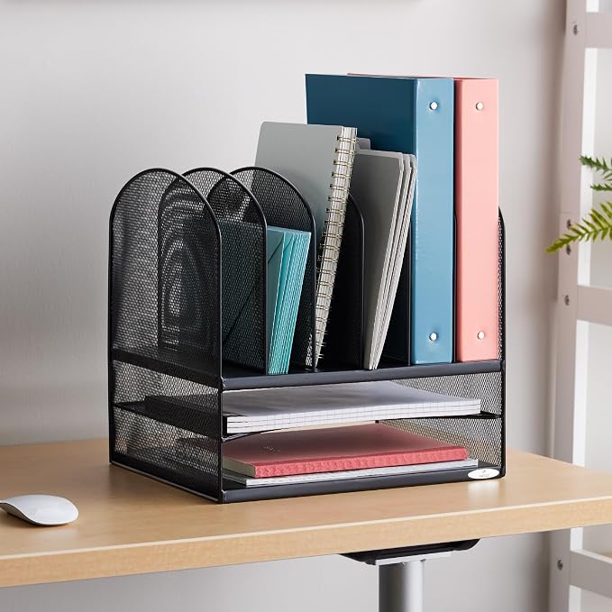 Safco Onyx Desk Organizer, 6 Vertical Compartments and 2 Trays, Office and Classroom Mailbox , Paper and Mail Sorter, Steel Mesh, Black - Image 3
