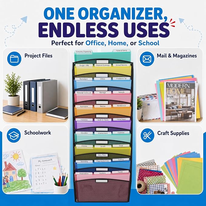 Ultimate Office Mesh Hanging Wall File Organizer, 10 Tier + 18 PocketFiles | Vertical mount hanging file sorter and display rack; includes 18 3rd-cut PocketFile clear document folders - Image 8