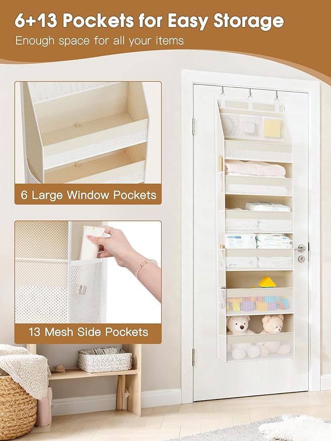 Over the Door Organizer, 6-Shelf Closet Hanging Storage with 13 Mesh Pockets, 55lbs Capacity Behind the Door Storage for Baby Nursery, Bathroom, Bedroom, and Dorm, Beige - Image 5