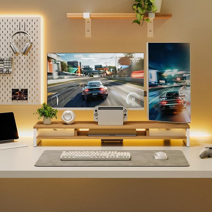 Fenge Dual Monitor Stand Riser, 42.5in Desk Shelf with 2 Drawers, Dark Oak | 2-Tier Monitor Shelf for Desk, Storage Drawer with Stopper, Frosted, fit Home Office, Ultrawide Screen, PC, Laptop, TV - Image 6