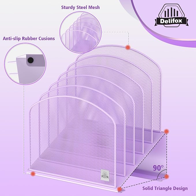 Delifox Inclined Desk File Organizer,Vertical File Folder Holder Stand Metal Rack File Sorter for Office Classroom Desktop Organization (1, Purple, 5) - Image 3