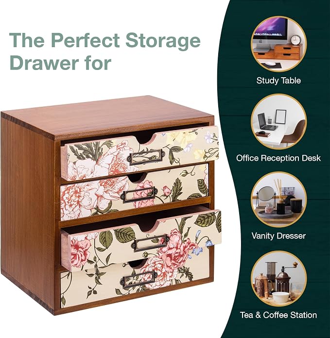 4-Drawer Vintage Desk Organizer with Jacobean Pattern Pastel Flowers Curio Drawer Dresser, Closet, Tabletop - Embroidery Reel Shelf Wood Desktop Organizing Cabinet - Victorian Floral Design - Image 7