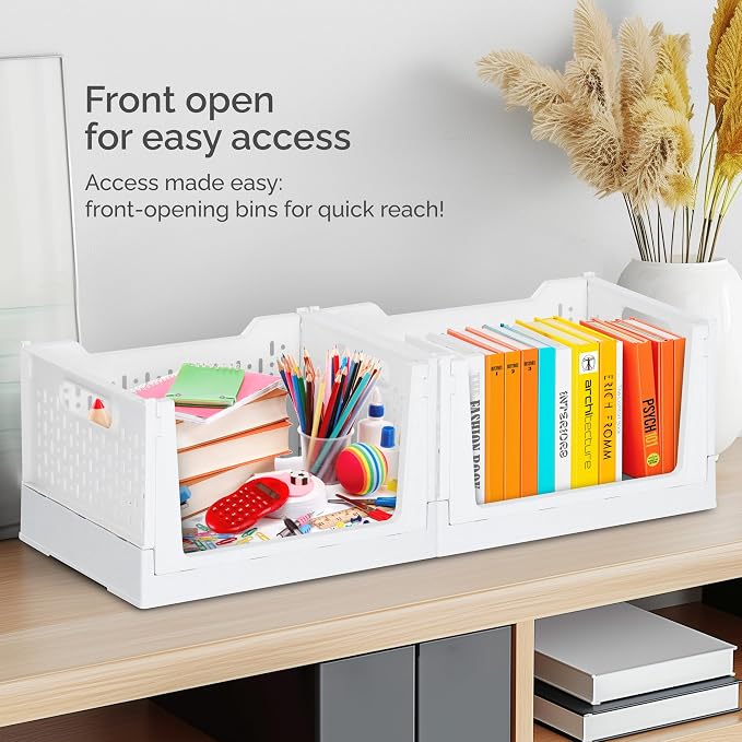Skywin Foldable Stackable Storage Bins with Wheels, 3 Pack - Ivory | Sturdy Plastic, Easy Stacking, Open Front Access,Shelves Drawer Organizer for Closet Office Bedroom Kitchen Bathroom - Image 5