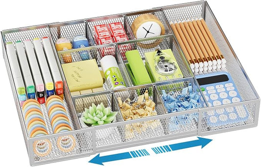 Marbrasse Expandable Desk Drawer Organizer, Mesh Tray with 10 Adjustable Compartments, Desk Organizers for Office Supplies, Makeup & Vanity (Expandable-Silver) by Marbrasse