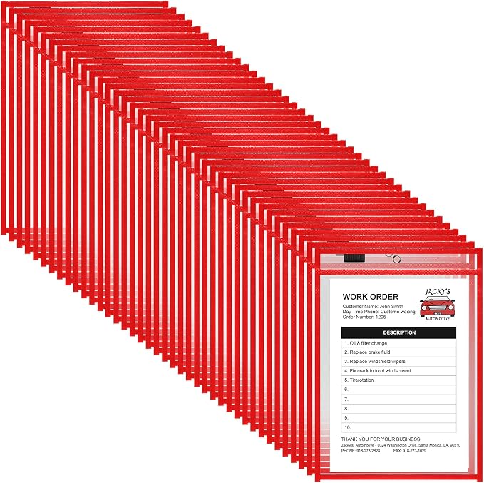 Nezyo Dry Erase Pockets Plastic Job Ticket Holders Shop Holder Order Pockets Clear Sleeves Tickets Folders Plastic Sleeves Paper Teacher Supplies for Classroom(12 x 9.5 in,Red,50 Pcs) by Nezyo