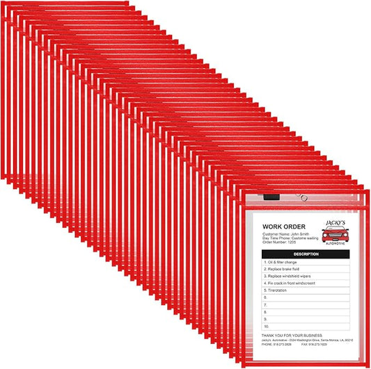 Nezyo Dry Erase Pockets Plastic Job Ticket Holders Shop Holder Order Pockets Clear Sleeves Tickets Folders Plastic Sleeves Paper Teacher Supplies for Classroom(12 x 9.5 in,Red,50 Pcs) by Nezyo