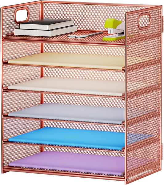 Marbrasse 6 Tier Paper Organizer Letter Tray - Mesh Desk File Organizer with Handle, Paper Sorter Organizer for Letter/A4 Office File Folder Holder - Rose Gold by Marbrasse