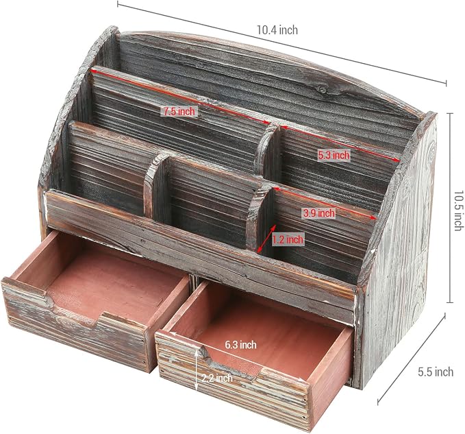 MyGift Office Supply Organizer with Drawers, Torched Wood Desktop Storage | Multi-section storage keeps pens, stationery, gadgets, and workspace essentials neatly arranged with rustic wood finish - Image 4