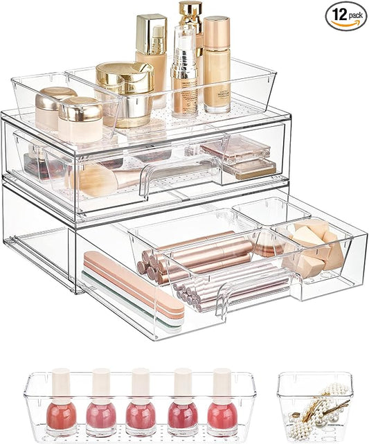 Vtopmart 12-Pack Clear Makeup Organizer Set with Drawer Organizer Bins | 2 Pack Stackable Storage Drawers & 10 Pack Drawer Organizer for Vanity Cosmetic, Bathroom Countertop, Desk by Vtopmart