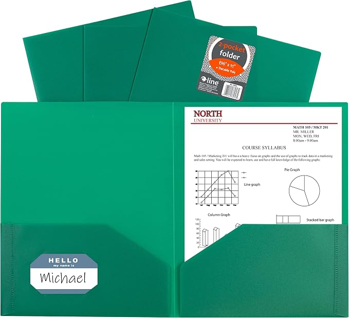 C-Line Two-Pocket Heavyweight Poly Portfolio, For Letter Size Papers, Includes Business Card Slot, 1 Case of 25 Portfolios, Green (33953-25) by C-Line