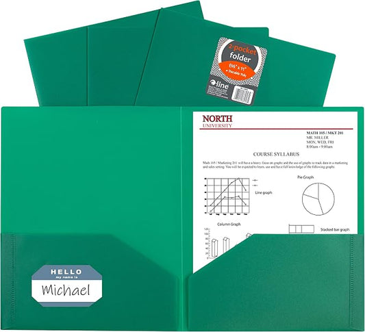 C-Line Two-Pocket Heavyweight Poly Portfolio, For Letter Size Papers, Includes Business Card Slot, 1 Case of 25 Portfolios, Green (33953-25) by C-Line