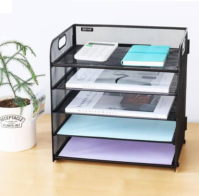 5 Trays Paper Organizer Letter Tray with Handle-Mesh Desk File Holders, Paper Sorter Desk Organizer for Office, Home, Classroom or School - Image 8