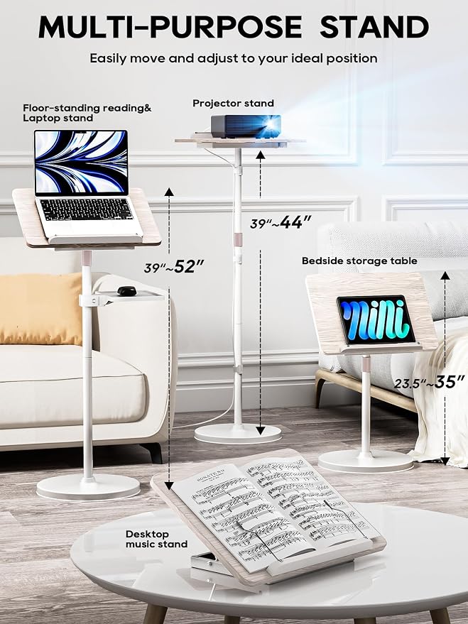 2 in 1 Adjustable Book Stand - Dual-Use Floor and Desktop Book Holder Stand, Height Adjustable 23.5-52 in, Elastic Page Clips for Music Sheet, Recipe, Tablet, Laptop-White - Image 2