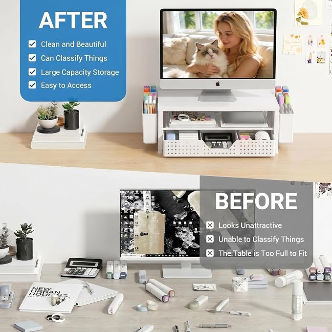 Desk Organizers and Accessories, Computer Monitor Stand Riser with Drawer and 2 Pen Holders, Printer & Laptop Stand, Office Desk Accessories & Workspace Organizers for Home Office Supplies, White - Image 2