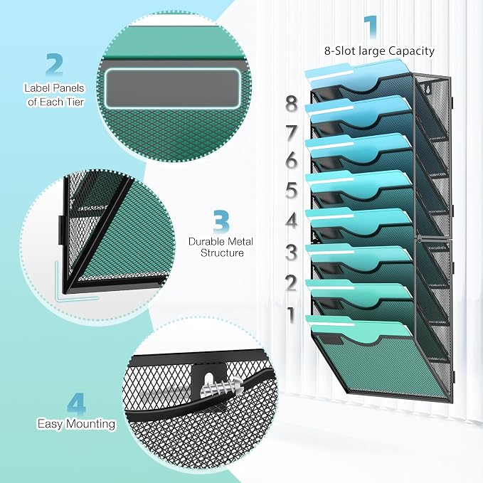 Gawerk 8-Tier Wall File Organizer Hanging Wall File Holder Wall Mount Paper Folder Organize, Mesh Magazine Document Mail Organizer Wall Organizer for Office School Home, Black - Image 3