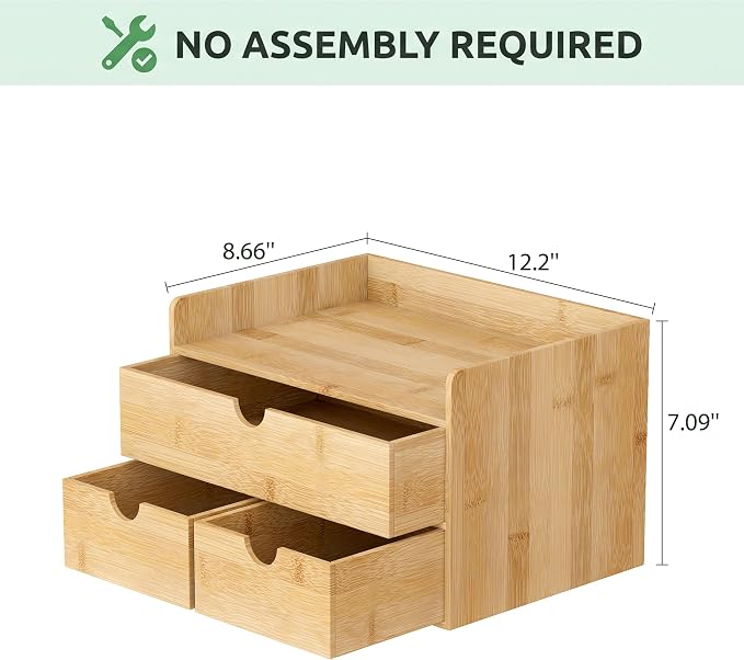 Bamboo Desk Organizer with Drawers, Desktop Storage for Office Supplies | 3 Drawers Desktop organizer, No Assembly Required, Natural Wood Wooden Desktop Drawers Box for Bills, Cosmetics, Seals, Paper - Image 3