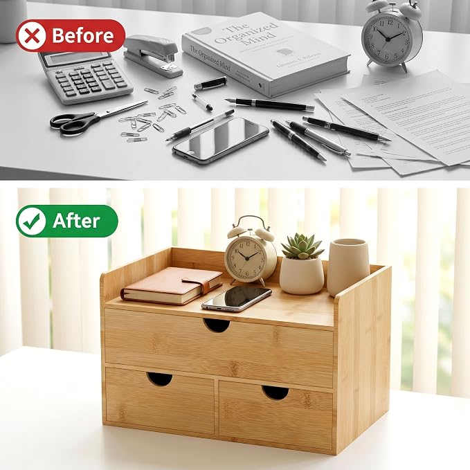 Bamboo Desk Organizer with Drawers, Desktop Storage for Office Supplies | 3 Drawers Desktop organizer, No Assembly Required, Natural Wood Wooden Desktop Drawers Box for Bills, Cosmetics, Seals, Paper - Image 7