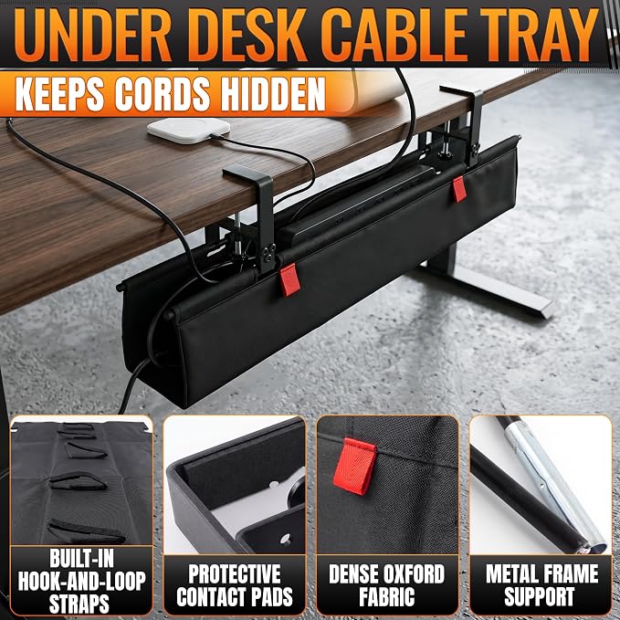 Under Desk Cable Management Tray 28" — No Drill Clamp-On Cord Organizer for Desk with Built-in Ties, Heavy Duty Metal Clamp, Foldable 600D Oxford Fabric for Home Office, WFH & Gaming PC Setup (Black) - Image 3