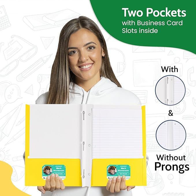 100 Pack Yellow 2 Pocket Paper Folders. EPI Heavy Duty, Bulk Folders with Pockets, Prongs and Business Card Slots. Letter Size Document Organizers. Durable Portfolio for School, College, Office Files - Image 3