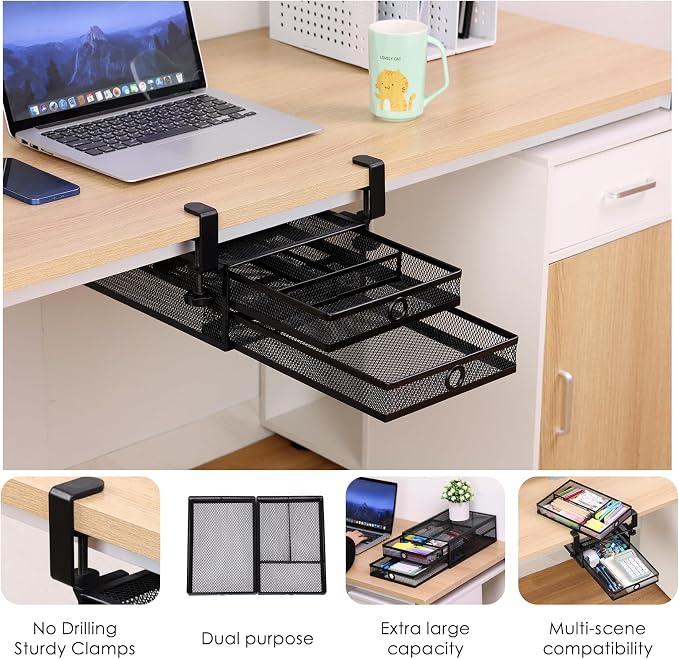 Under Desk Drawer, Clamp on Desk Organizer Slide Out Table Storage No Drill | 2Tier Under desk drawer: clamp on desk organizer, under desk drawer slide out, hanging desk organizer, no drill table storage - Image 5