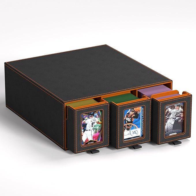 3-Drawer Trading Card Storage Box Holds 2500+ Cards(Orange) | Stackable design,15 dividers included,Desktop card organizer,Bulk card storage,for sports/TCG/MTG/Pokemon cards by Unknown