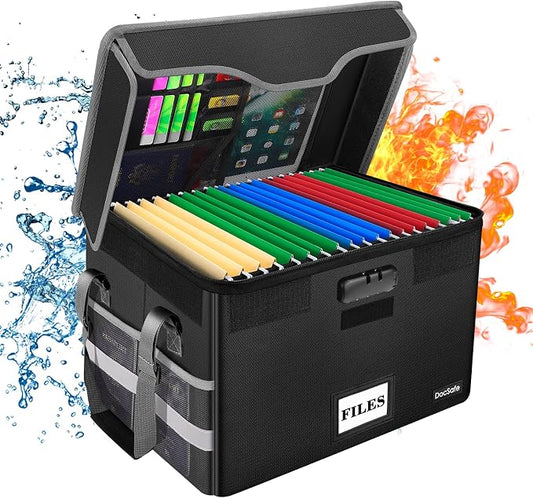 DocSafe Fireproof Document Box with Lock, File Storage Organizer with Mesh Pockets, Collapsible Portable File Box Home Office Safe Filing Cabinet with Handle for Hanging Letter/Legal Folder, Black by DocSafe