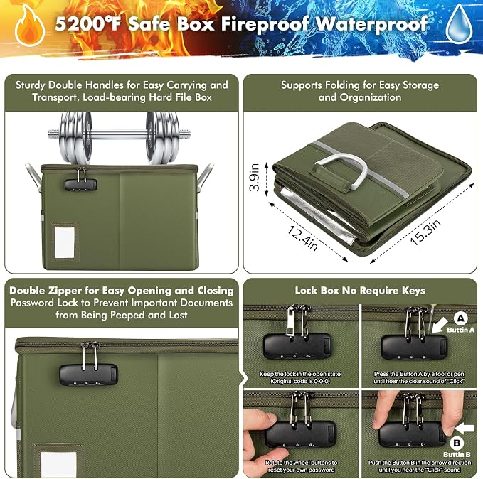 TOMKID 5200°F Fireproof Document Box, Fire Important Document Organizer with Lock, Upgraded Heat Insulated Filing Storage Cabinet Office Organization (5200°F Fireproof Box, Green) - Image 2
