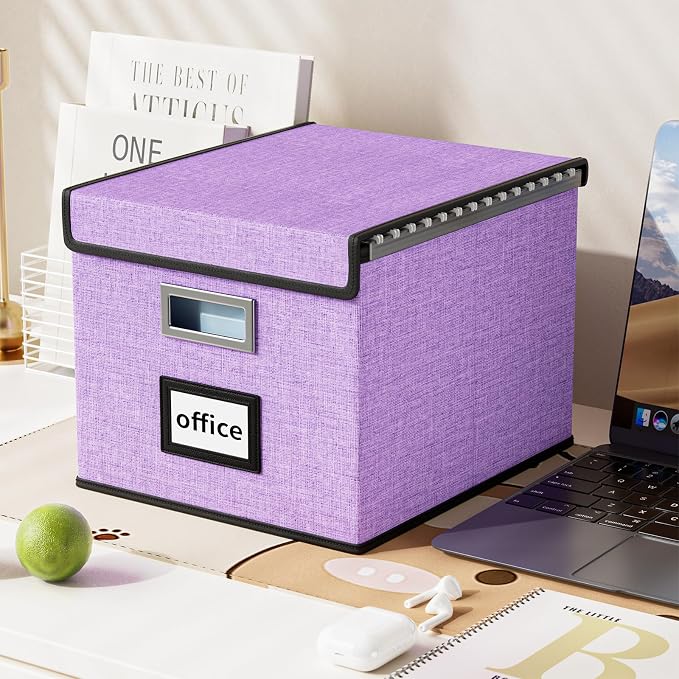 File Organizer Box with Lids, Collapsible File Folder Organizer | File Box with Plastic Slides for Office Document Storage, Filing Bin for Letter Size Hanging File Folders (1 Pack, Lavender) - Image 5