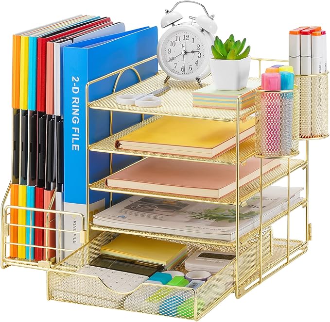 Marbrasse Rose Gold Desk Organizer with File Holder, 5-Tier Paper Letter Tray Organizer with Drawer and 2 Pen Holder, Mesh Desktop Organizer and Storage with Magazine Holder for Office Supplies by Marbrasse