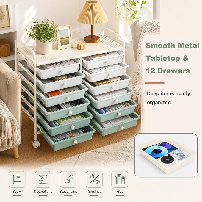 GOFLAME 12-Drawer Rolling Storage Cart, Art Craft Organizer Cart, Mobile Utility Storage Cart with Removable Drawers & Lockable Wheels, Craft Cart for Home Office School, Green Gradient - Image 4