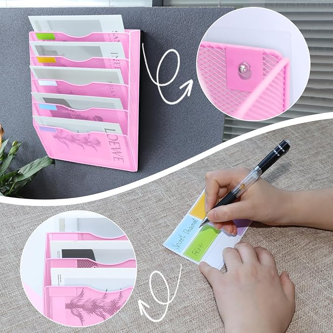 5 Pockets Mesh Wall File Holder Organizer Office Hanging File Folder Magazine Rack, Nametag Label Hooks Set Included (Pink) - Image 4