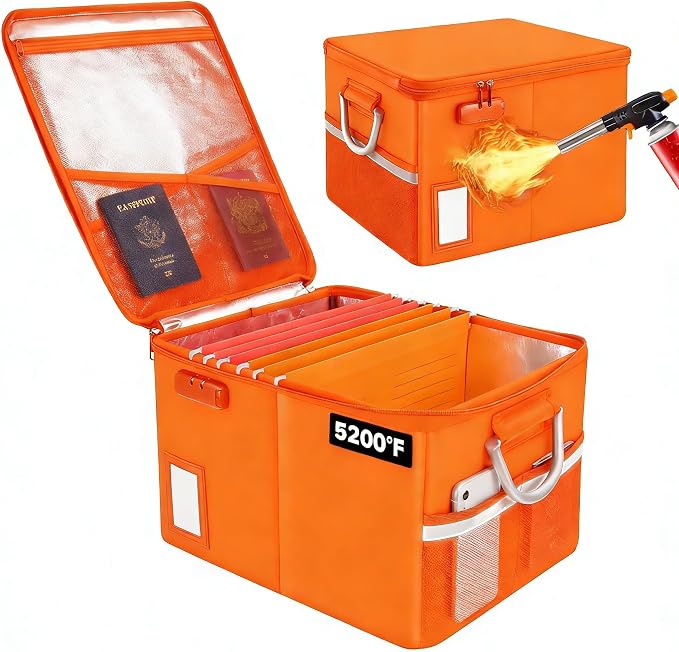 TOMKID Fireproof File Cabinet with Lock, Fireproof Document Organizer Collapsible File Box Filing Cabinet with Handle for Letter Legal Folder Certifications (Orange-Upgrade) by Aobteeny