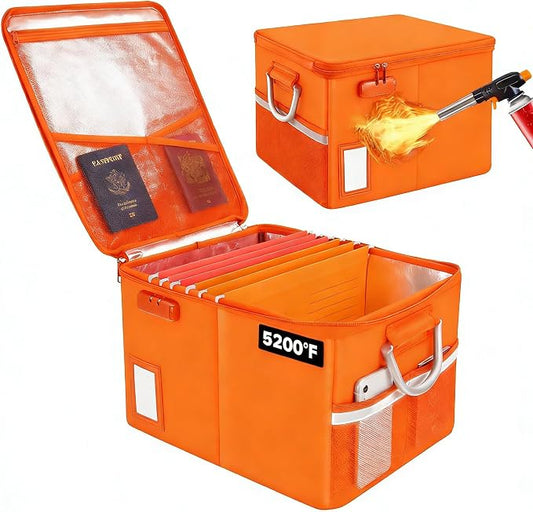 TOMKID Fireproof File Cabinet with Lock, Fireproof Document Organizer Collapsible File Box Filing Cabinet with Handle for Letter Legal Folder Certifications (Orange-Upgrade) by Aobteeny