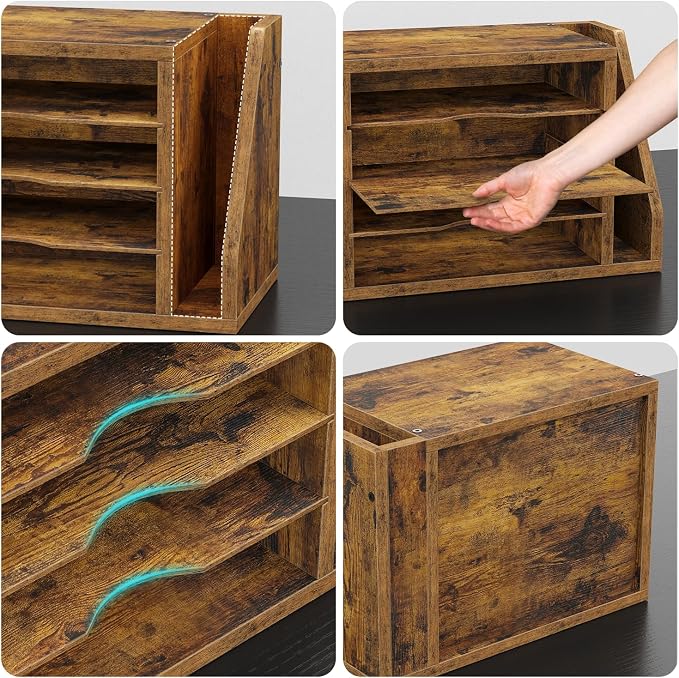Wooden Mail Organizer, Desk Organizer with 3 Adjustable Shelves | Mail Sorter, File Organizer Desktop, Mail Holder for Home Office, Letter Sorter for Envelopes, Bills, Magazines, Rustic Brown - Image 4