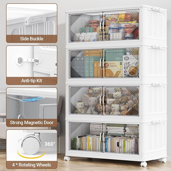 BROVIEW V60 420QT Plastic Stackable Storage Bins with Lid, 3Pack White | 105Gal Extra Large Closet Organizers Collapsible Cabinets Boxes With Drawer, Foldable Container with 4x Wheels for Home - Image 5