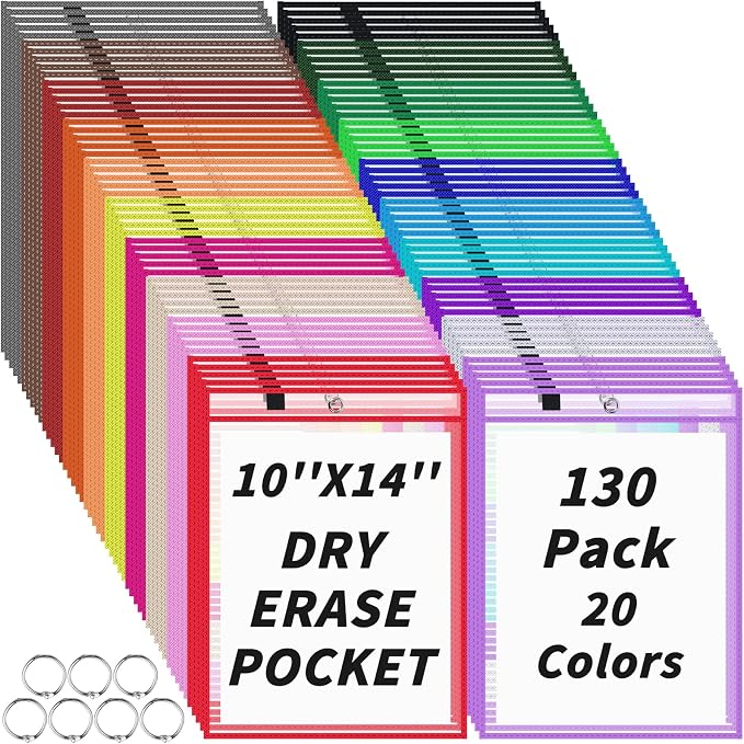 130 Packs Dry-Erase Pockets Bulk Oversized Reusable Dry Erase Pocket Sleeves with 7 Rings, 20 Assorted Colors 10x14 Ticket Holders, Clear Plastic Sheet Protectors, Teacher School Classroom Supplies - Image 9