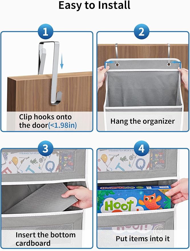 JARLINK Over the Door Organizer for Pantry, Bathroom, 5 Shelf Grey, 2 Pack | Anti-Tilt Design, 44 lb Load Capacity, Hanging Door Organizer with 5 Large Capacity Pockets, Behind Door Storage for Nursery - Image 7