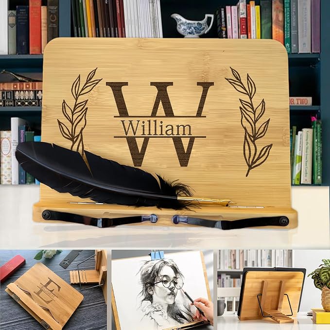 Personalized Book Stand for Reading, Custom Bamboo Cookbook Stands Book Holder with 5 Adjustable Height, Foldable Book Holder for Textbook, Receipe, Painting Papers, Tablet - Image 4