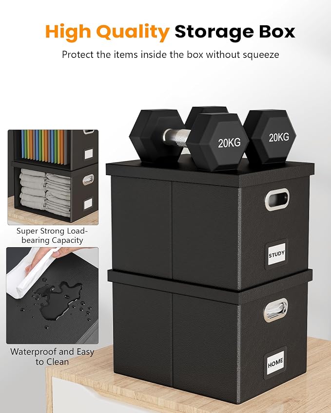 2 Pack File Storage Organizer Box, Portable Filing With Lid, Fit for Letter/Legal Folder Storage, Black (Leather) - Image 5