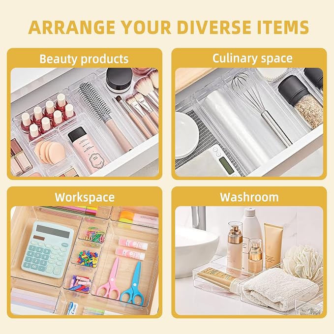 16 PCS Clear Drawer Organizers Set, 5 Varied Size Bathroom and Kitchen Drawer Cabinet Organizer Trays, Clear Plastic Desk Drawer Divider Organizers and Storage Bins for Makeup,Jewelry,Gadgets,Office - Image 6