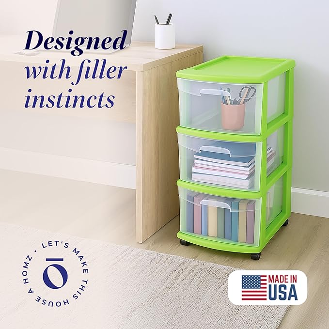 HOMZ Drawer Tower, 3-Tier Clear Plastic Storage Organizer Cart, Bold Lime Frame - Rolling Drawer Containers with Wheels for Bathroom, Bedroom, Office, and Classroom Organization - Image 3