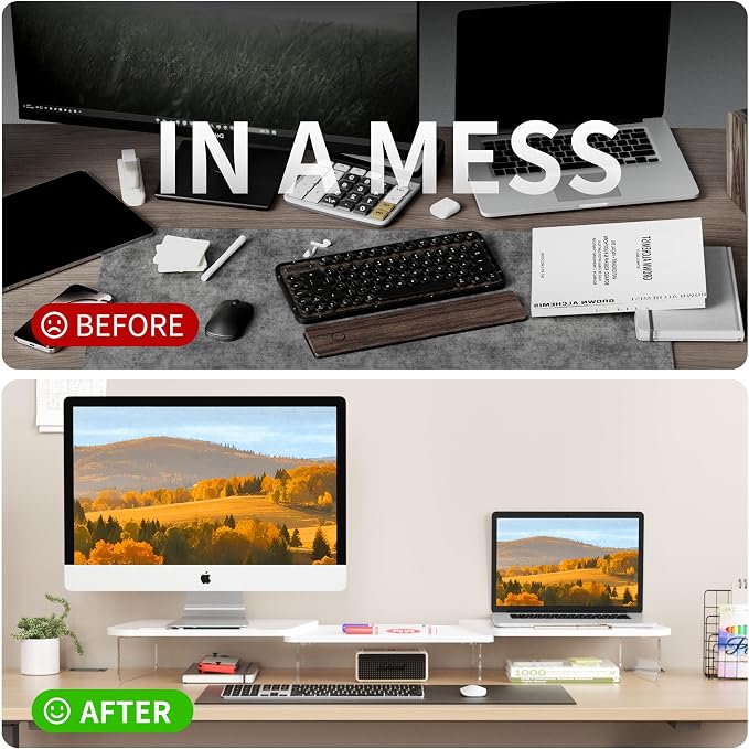 AFOOYO LED Dual Monitor Stand Riser for 2 Monitors,Office Desktop Wooden Stand Adjustable Length and Angle 3 Shelf,Extra Long Multifunctional Stand up to 39.3" for Computer,Laptop,TV,White - Image 5