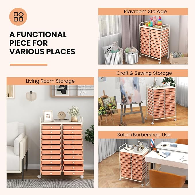 Giantex 20 Drawers Rolling Cart, Mobile Storage Drawer Cart, Classroom Organizer for Office School Supplies Tools Scrapbook Paper Craft Small Printer, Utility Stand on Wheels, Peach - Image 8