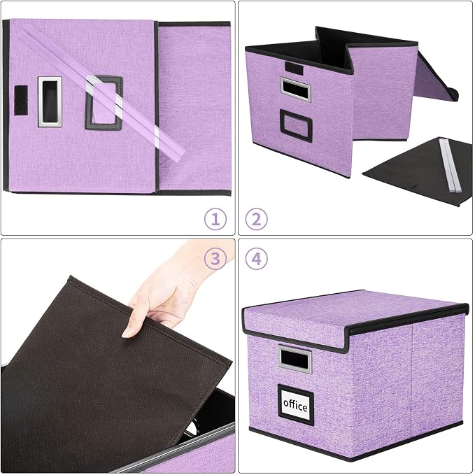 File Organizer Box with Lids, Collapsible File Folder Organizer | File Box with Plastic Slides for Office Document Storage, Filing Bin for Letter Size Hanging File Folders (1 Pack, Lavender) - Image 7