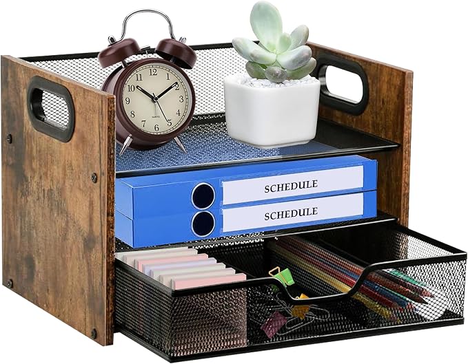 Wood Desk Organizer - 3-Tier Desktop File Organizer with Drawer, Wooden Paper Tray, Office Desk Organzier and Accessories for Papers, Mail, Notebooks, Stationery - Image 8
