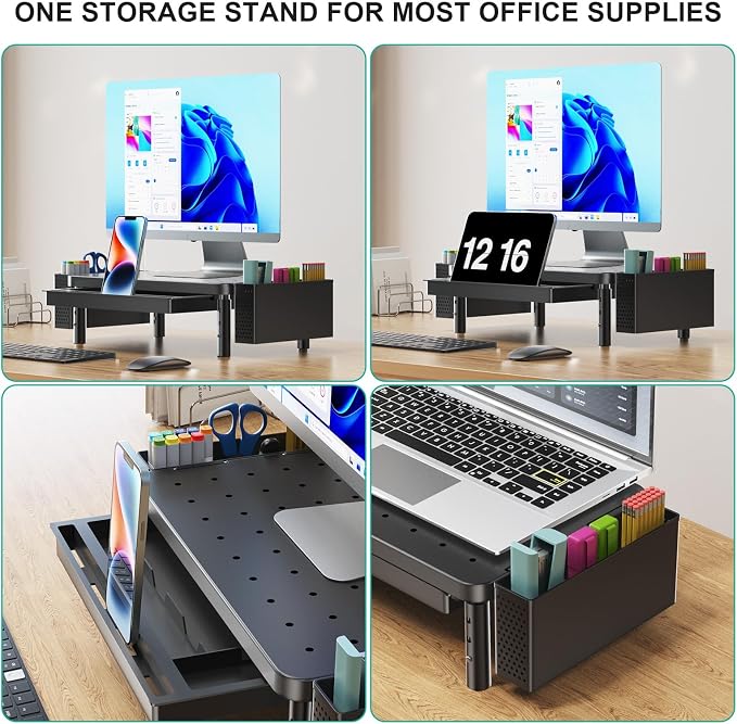 WALI Computer Monitor Stand with Storage, Desk Organizer with Drawer and Pen Holder, Desk Monitor Riser 3 Height Adjustable, Laptop Riser for Computer, Laptop, Printer(PTT003-B), 1 Pack, Black - Image 3