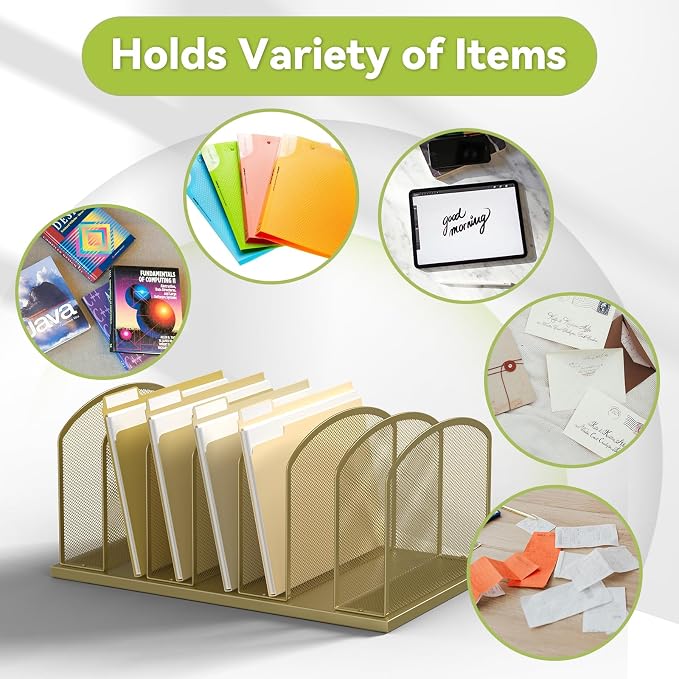 Desk File Organizer Vertical 7 Sections Mesh File Sorter Paper Storage Organizer for Desk, Office Organization File Holder Rack, Gold - Image 5