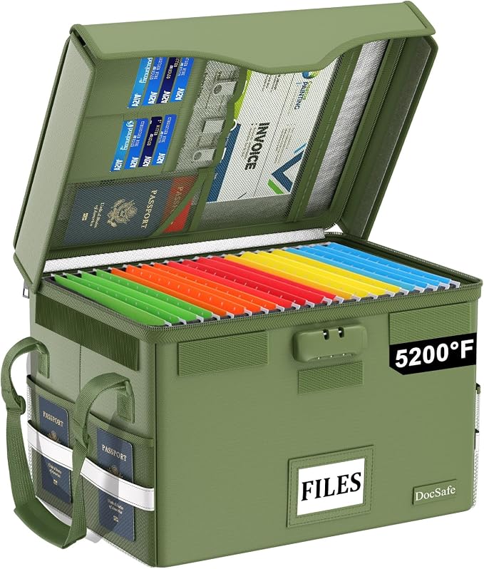 DocSafe 5200°F Fireproof Document Box with Lock,Heat Insulated File Organizer Storage with Pockets,Collapsible Portable Home Office File Safe Box with Handle for Hanging Letter/Legal Folders, Green by DocSafe